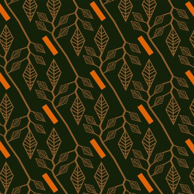 The wallpaper design features brown leaves and orange rectangular shapes, arranged diagonally and repetitively on a dark green background. Elements include:

- Brown leaves
- Orange rectangular shapes
- Dark green background

These elements are arranged in a diagonal, repeating pattern.