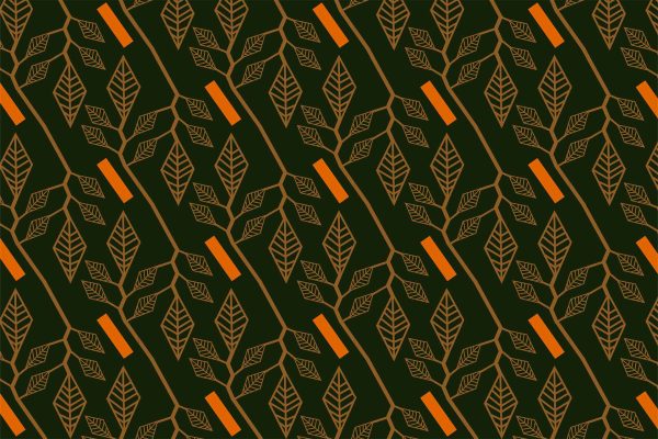 The wallpaper design features brown leaves and orange rectangular shapes, arranged diagonally and repetitively on a dark green background. Elements include:

- Brown leaves
- Orange rectangular shapes
- Dark green background

These elements are arranged in a diagonal, repeating pattern.