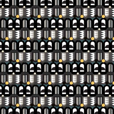 A pattern of black arches with textured elements on a solid black background. Inside each arch: vertical zigzag patterns in blue-green and white, with a yellow circle at the base.