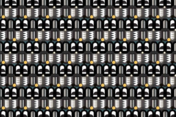 A pattern of black arches with textured elements on a solid black background. Inside each arch: vertical zigzag patterns in blue-green and white, with a yellow circle at the base.