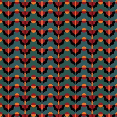 Abstract geometric wallpaper featuring a pattern of overlapping circles and triangles. Dominant colors include teal, red, orange, and black. The design exhibits symmetry and rhythm through repeated shapes across the image. Elements to note: circles, triangles, symmetry, teal accents, red highlights, orange tones, black outlines.