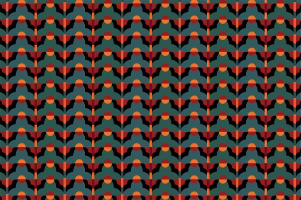 Abstract geometric wallpaper featuring a pattern of overlapping circles and triangles. Dominant colors include teal, red, orange, and black. The design exhibits symmetry and rhythm through repeated shapes across the image. Elements to note: circles, triangles, symmetry, teal accents, red highlights, orange tones, black outlines.