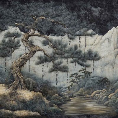 Oriental-style wallpaper features a twisted pine tree with drooping branches, highlighted by Harley blue accents. The serene landscape includes jagged, white mountain background and a calm river. Overall muted tones evoke tranquility and an ethereal atmosphere.