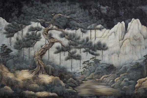 Oriental-style wallpaper features a twisted pine tree with drooping branches, highlighted by Harley blue accents. The serene landscape includes jagged, white mountain background and a calm river. Overall muted tones evoke tranquility and an ethereal atmosphere.