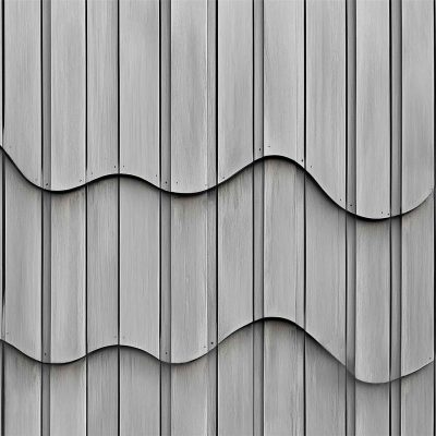 Gray metal wall, abstract design, three horizontal wavy lines, overlapping panels, smooth texture, rhythmic pattern, soft hue of red accents.