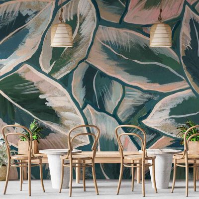 Harley-inspired leaf-patterned mural in shades of teal, pink, and beige.