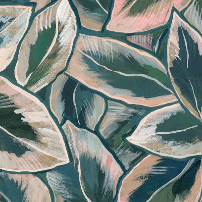 This abstract wallpaper features overlapping leaves in a harmonious palette of green, blue, and pink. The white outlines create a vibrant, dynamic pattern that embodies movement and energy. The interplay of colors resembles the exhilarating roar of a Harley's engine on an open road, infusing your space with boldness and vitality. Perfect for those seeking to introduce a sense of dynamism through nature-inspired design elements.