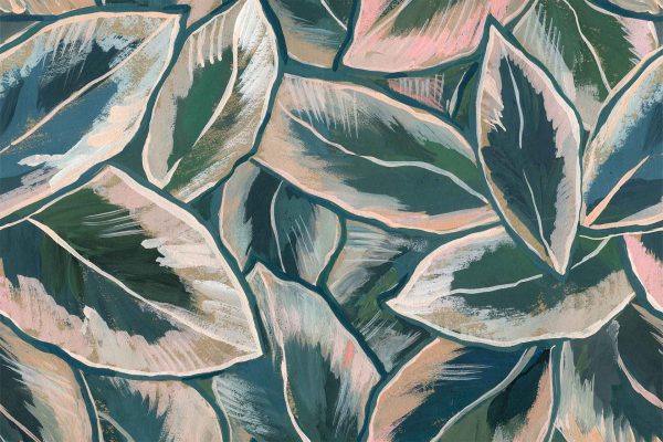 This abstract wallpaper features overlapping leaves in a harmonious palette of green, blue, and pink. The white outlines create a vibrant, dynamic pattern that embodies movement and energy. The interplay of colors resembles the exhilarating roar of a Harley's engine on an open road, infusing your space with boldness and vitality. Perfect for those seeking to introduce a sense of dynamism through nature-inspired design elements.