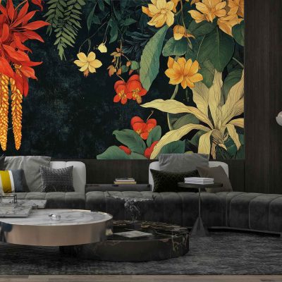 A large, bold botanical wallpaper featuring vibrant red, yellow, and green foliage creates an eye-catching backdrop. This modern wallpaper includes lush leaves and intricate patterns that infuse the living room with a touch of nature's elegance. The rich colors highlight the dynamic design, making it a focal point in any after-work retreat.