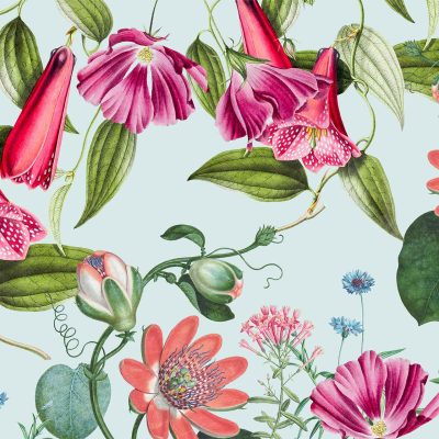 Wallpaper design features vibrant pink, red, and orchid flowers, including bell-shaped and daisy-like blooms. Interspersed green leaves add contrast on a light blue background. Key elements: vibrant pink flowers, red flowers, orchid flowers, bell-shaped blooms, daisy-like blooms, green leaves, light blue background.