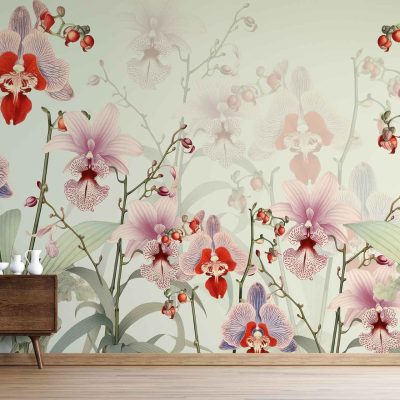 A decorative wall mural featuring vibrant orchids in red, pink, and purple hues surrounded by lush green leaves and delicate buds.