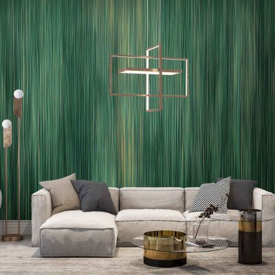 The wallpaper features vertical lines in a rich green shade, adding depth to the room with its simple yet striking pattern.