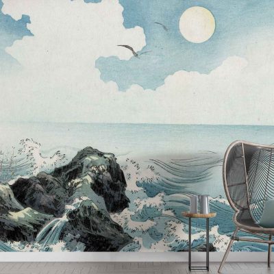 Ocean scene mural with waves, rocks, bright sun, and cloudy sky. Serene and vibrant elements in blue, white, yellow, and gray tones.