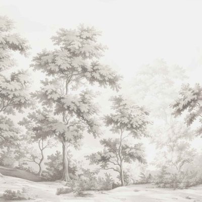 The sepia-toned wallpaper depicts a serene forest scene with towering trees and dense foliage. The design features soft, muted brown and beige tones that create a misty atmosphere, enhancing the peaceful ambiance. Elements include tall tree trunks, intricate leaf patterns, and subtle shading to suggest depth. The overall look is calm and natural, perfect for creating a tranquil space.