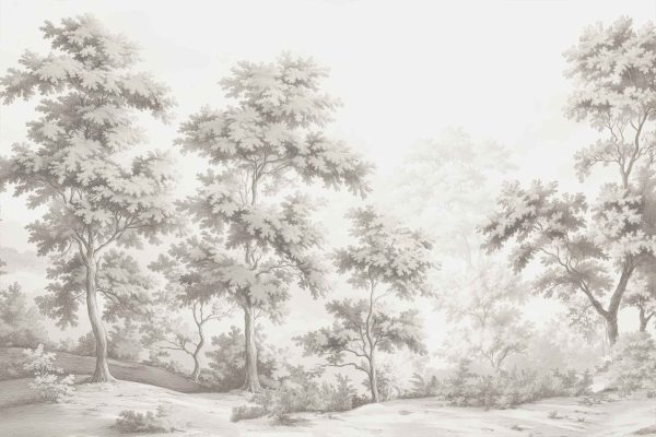 The sepia-toned wallpaper depicts a serene forest scene with towering trees and dense foliage. The design features soft, muted brown and beige tones that create a misty atmosphere, enhancing the peaceful ambiance. Elements include tall tree trunks, intricate leaf patterns, and subtle shading to suggest depth. The overall look is calm and natural, perfect for creating a tranquil space.