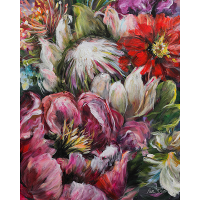 A vibrant floral wallpaper featuring rich reds, pinks, whites, and greens. The design displays a tapestry of varied blossoms with textured petals and dynamic brushstrokes for a lively composition. Ideal for colorful home decor or as eye-catching wall art.