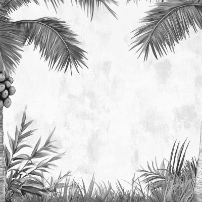 - Black and white illustration of palm trees with coconuts
- Lush tropical foliage on the sides
- Delicate orchids interspersed
- Background is light and textured
- Subtle hints of red accents in background.
