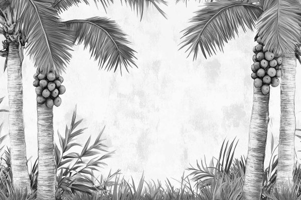 - Black and white illustration of palm trees with coconuts
- Lush tropical foliage on the sides
- Delicate orchids interspersed
- Background is light and textured 
- Subtle hints of red accents in background.