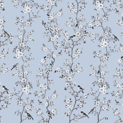 Intricate floral and bird pattern, light blue background, branches with white flowers, small birds perched throughout, natural motif, elegant design. Elements: white flowers, small birds. Colors: light blue background, white branches and flowers.
