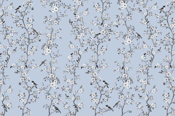 Intricate floral and bird pattern, light blue background, branches with white flowers, small birds perched throughout, natural motif, elegant design. Elements: white flowers, small birds. Colors: light blue background, white branches and flowers.
