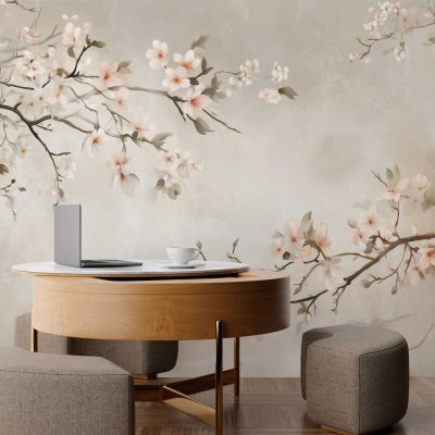 Wall mural features blossoming branches with pink and white flowers, highlighted by hints of red orchids, set against a soft, neutral background.