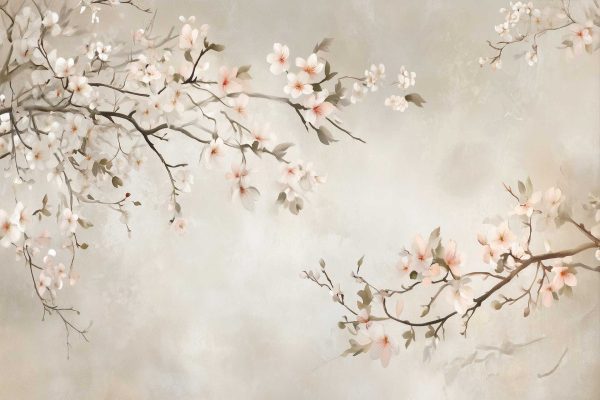 Delicate cherry blossom branches adorned with light pink, white, and subtle hints of red flowers grace the wallpaper. The soft, muted background enhances the tranquility and elegance of the scene. Elements of serenity and nature's beauty are highlighted, reminiscent of a serene orchid garden atmosphere. The composition focuses on gentle colors and floral details to evoke a peaceful ambiance in any space.