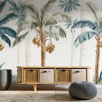 Tropical-themed wallpaper features tall palm trees swaying, green leaves, brown trunks, and a backdrop of blue sky suggesting a gentle breeze.