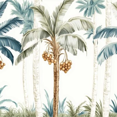 Wallpaper features: - Illustrated tropical scene - Palm trees with clusters of coconuts - Surrounded by lush green foliage - Leaves in varying shades: green and teal - Gently rustling effect - Serene and exotic atmosphere.