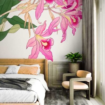 Floral mural with large pink and green leaves.