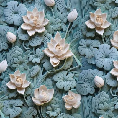 A detailed embossed wallpaper by Laila features cream-colored lotus flowers and buds surrounded by rich green leaves. The design includes intricate textures and patterns, with soft highlights that enhance the serene and natural motif. Elements such as 