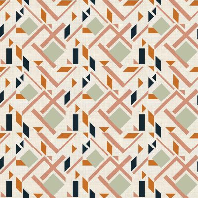 Abstract geometric pattern wallpaper features overlapping triangles, diamonds, and lines. Earthy tones of green, terracotta, and black contrast against a beige background. The symmetrical motif creates a rhythmic design resembling sound waves, echoing 