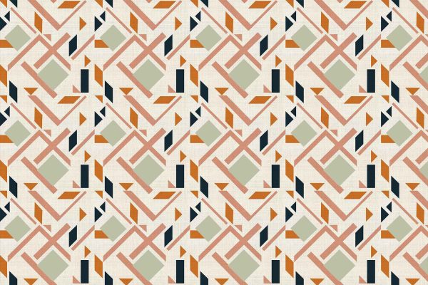 Abstract geometric pattern wallpaper features overlapping triangles, diamonds, and lines. Earthy tones of green, terracotta, and black contrast against a beige background. The symmetrical motif creates a rhythmic design resembling sound waves, echoing "Hear The Sound." Key elements: triangles, diamonds, lines. Colors: green, terracotta, black on beige background. Repeating pattern in symmetry enhances the visual rhythm.