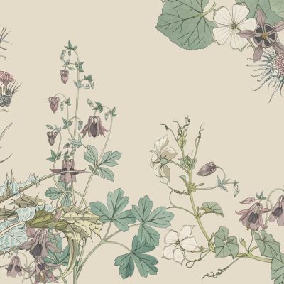 Illustrated botanical wallpaper features a lush array of plants with vibrant green leaves and intricate, colorful flowers. Thistles with purple blooms, delicate columbines in shades of blue and white, and exotic passionflowers highlighted in striking purples and oranges are prominently displayed. These elements contrast beautifully against a soft beige background, creating an elegant design that emphasizes the natural beauty of each plant. Colors to note include rich greens, purples, blues, whites, and oranges set on beige.