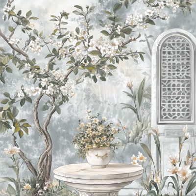 The wallpaper features a serene garden scene with a flowering tree and blossoming plants. Dominating the backdrop, there's a decorative round stone table that supports a floral pot, crafted to evoke reflections in a tidal pool. The soft hues of pinks and purples from the flowering tree blend seamlessly with lush greens from blossoming plants. In the background, tall arched windows adorned with intricate latticework add an elegant touch. Rich earth tones provide warmth while subtle blues hint at tranquil water elements, creating an enchanting harmony within the wallpaper's design.