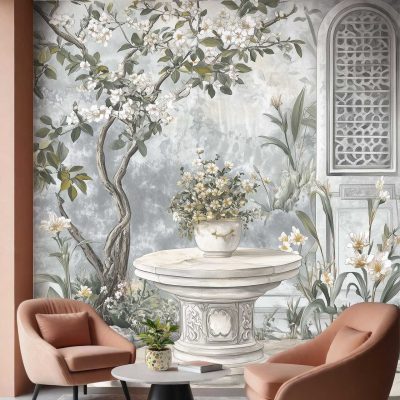 The wallpaper features a captivating mural of a flowering tree, ornate garden table, and classical architectural elements. It showcases serene elegance with colors including varying greens for foliage, soft botanical hues for flowers, subtle earth tones for the table and architecture, all reminiscent of tranquility near a tidal pool.