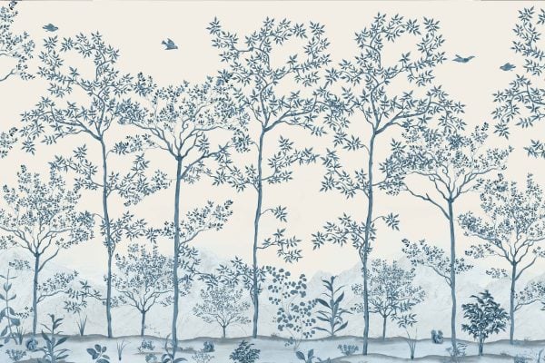 Wallpaper Illustration: This design features tall, slender trees with intricate branches and leaves, set against a light background. Birds are depicted perched and flying among the branches, adding an element of vitality. At the base, red orchids bloom alongside smaller plants, contributing to an elegant and nature-inspired aesthetic. The primary colors include shades of green from the foliage, contrasting with vibrant reds from the orchids, soft browns for the tree trunks and birds, all against a subtle light backdrop to enhance visibility. Perfect for nature-themed interiors seeking elegance and tranquility.
.