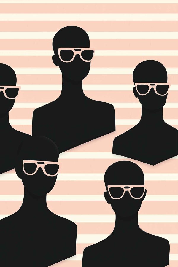 Abstract modern wallpaper featuring silhouettes of people wearing sunglasses. Head-and-shoulders figures emerge from a striped beige background. Colors include beige stripes and dark silhouette shapes. Pattern reminiscent of tidal pool reflections, evoking an ebb and flow theme.