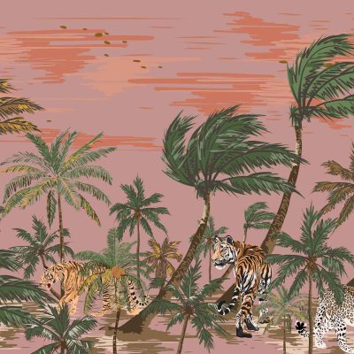 Illustrated wallpaper featuring a tiger, leopard, and cheetah among swaying palms. Warm pink sky with orange clouds creates a serene sunset ambiance. Keywords: tiger, leopard, cheetah, palms, pink sky, orange clouds, sunset atmosphere.