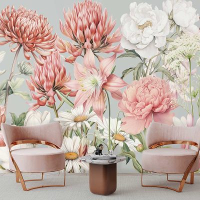 The wallpaper features a large floral mural with pink and white flowers.