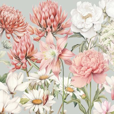The wallpaper features a lush and artistic composition of various flowers, including daisies, peonies, and lilies. These blooms are depicted in soft pink, white, and cream shades set against a light green background. The graceful arrangement by the talented Laila combines delicate petals and subtle color variations to create an elegant floral theme. Key elements include soft pink daisies with intricate centers, billowy cream-colored peonies with layered petals, and elegant white lilies with long stamens. The light green backdrop enhances the gentle beauty of the flowers while adding a soothing contrast to their hues.
