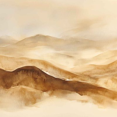Wallpaper features serene watercolor landscape with rolling hills. Shades of brown and beige create soft, blurred layers, suggesting depth. Misty ambiance under an overcast sky enhances tranquility.