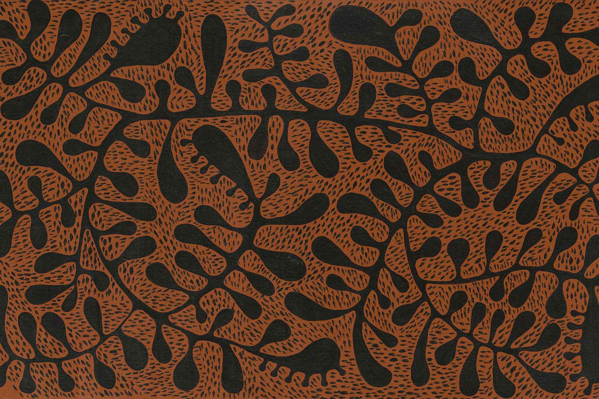 Abstract artwork featuring interlocking organic shapes in a palette of deep, dark tones set against a textured brown background. The design evokes the fluidity and dynamism of branching patterns, conveying a sense of movement and flow. Key elements include intricate interplay between shapes and contrasts with textured brown, highlighting hues like charcoal, deep green, and muted blues. Textural depth emphasizes natural movement in an abstract form.