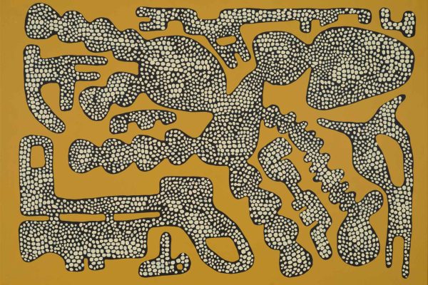 Abstract wallpaper featuring a series of irregular, interconnected black shapes filled with small white dots on a mustard yellow background. The pattern creates an organic, flowing design. Key elements: black shapes, white dots, mustard yellow background, organic pattern.