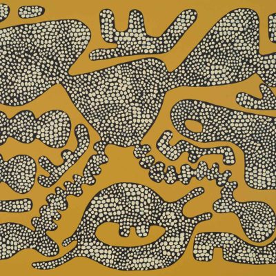 This abstract wallpaper features a mustard yellow background adorned with black, irregular shapes filled with small white dots. The composition presents interconnected, organic forms reminiscent of amoebas or microorganisms. Key elements include the contrast between the deep black shapes and the bright mustard backdrop, as well as the intricate detailing of white dots within each shape, adding texture and visual interest to the overall design.