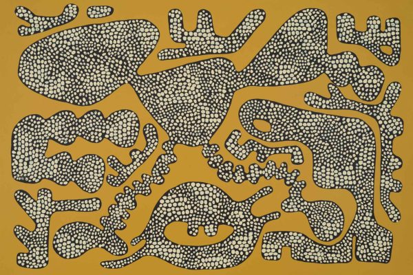 This abstract wallpaper features a mustard yellow background adorned with black, irregular shapes filled with small white dots. The composition presents interconnected, organic forms reminiscent of amoebas or microorganisms. Key elements include the contrast between the deep black shapes and the bright mustard backdrop, as well as the intricate detailing of white dots within each shape, adding texture and visual interest to the overall design.