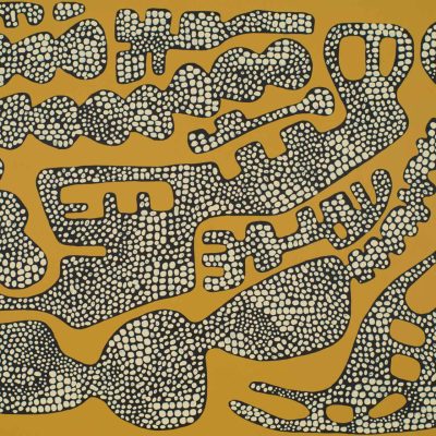 Abstract wallpaper features a pattern of irregular black, amoeba-like shapes filled with white dots, set against a mustard yellow background. The interconnected shapes create a flowing, organic design. Key elements: abstract, irregular black shapes, white dots, mustard yellow background, amoeba-like forms, interconnected design.