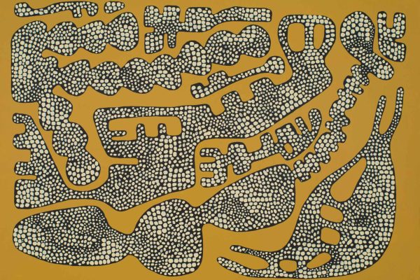 Abstract wallpaper features a pattern of irregular black, amoeba-like shapes filled with white dots, set against a mustard yellow background. The interconnected shapes create a flowing, organic design. Key elements: abstract, irregular black shapes, white dots, mustard yellow background, amoeba-like forms, interconnected design.