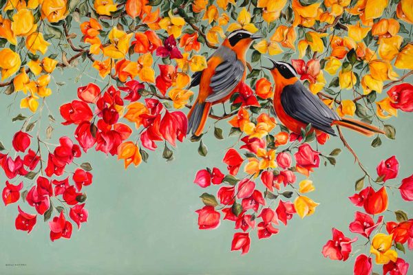 Wallpaper features vibrant messenger birds perched amidst colorful flowers in shades of yellow, orange, and red. Soft green background enhances the lively, artistic essence of nature's beauty.