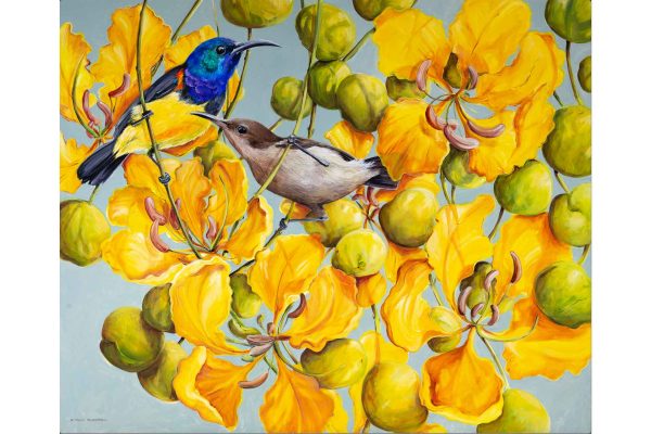Wallpaper features: vibrant yellow flowers, green buds, pale background; colorful bird with blue and red hues; brown bird; lively and lush scene depicting nature's beauty.