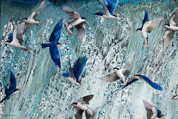 Abstract wallpaper features dynamic, turbulent waves and a shifting sky. Color palette includes shades of blue and white with striking orange accents. Perfect for creating a sense of movement and energy in a space.